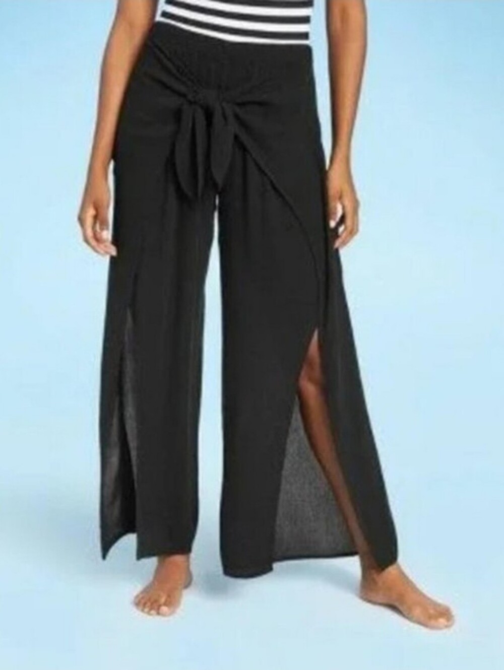 Kona Sol Black Tie-Waist Wide-Leg Split Pants Size S